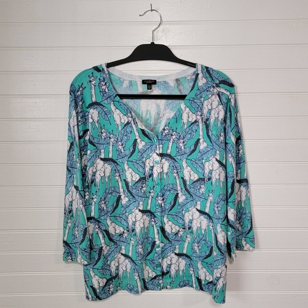 Talbots Plus Size 3XP Petite Cardigan Sweater Preppy Giraffe Print Safari Preppy